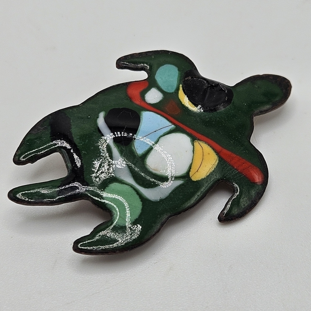VINTAGE Copper Abstract Enamel Painted Turtle Brooch Pin Ocean
